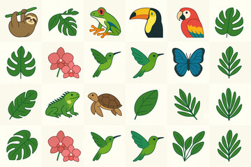 Obraz premium Costa Rica Biodiversity Icon Grid with Tropical Animals and Plants in Flat Vector Style