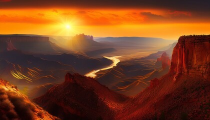 Dramatic Golden Canyon Epic Digital Art Landscape With Fiery Hues And Glowing Haze