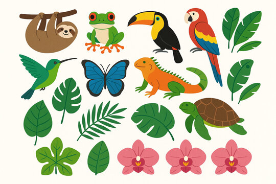 Costa Rica Biodiversity Icon Grid with Tropical Animals and Plants in Flat Vector Style