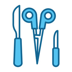 Blue surgical instruments icon including scalpel and forceps illustration. Medical presentations, educational materials, healthcare websites, and surgical equipment brochures.
