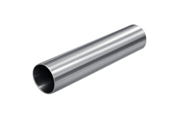 Steel pipe showing a shiny metal cylinder with brushed texture. Industrial fitting, construction material, transparent background