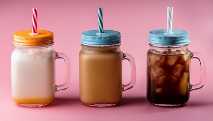 Three Colorful Drinks With Lids Iced Coffee Tea And Milk In Square Mugs On Pink