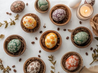 Colorful easter eggs in wooden nest bowls