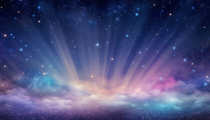 Vibrant celestial scene with radiant light beams and stars shining through clouds in a majestic cosmic landscape from a distant viewpoint