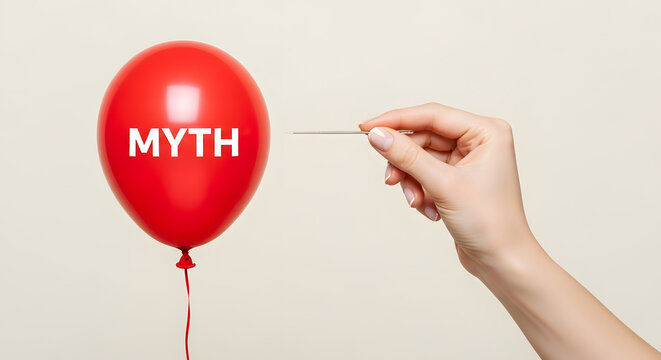 Red balloon with the word myth about to be popped by hand holding needle, concept of myth busting, truth revelation, false belief exposure, debunking, critical thinking visual