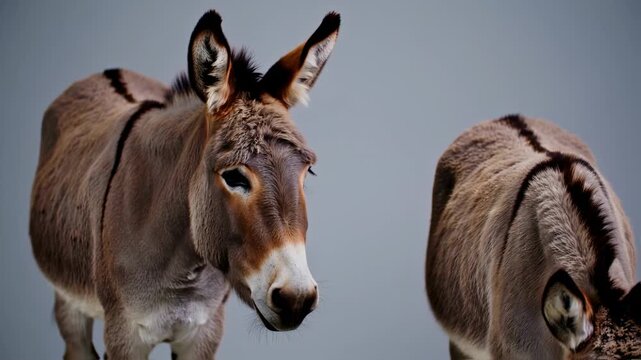 Two donkeys, one facing forward, the other facing away. Brown, grey, and white hues against a plain backdrop
