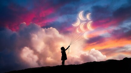 A dreamy silhouette of a small girl holding crescent moon balloons against a vibrant, dramatic sunset sky.