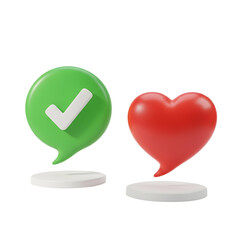 3D Green Checkmark and Red Heart Speech Bubbles on White Background