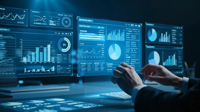 Focused professional person analyzing data on a computer screen surrounded by dynamic charts and graphs, captured from a desk perspective in a dimly lit high‑tech office environment