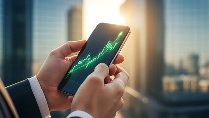 Businessman analyzing stock market trends on smartphone in modern city