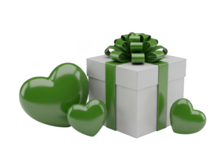 Green gift box with hearts isolated on transparent background