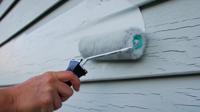 Close-up of a paint roller applying white paint to weathered, wooden siding