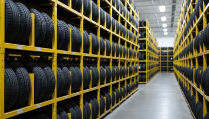 Industrial warehouse interior with long yellow racks densely packed with stacks of black rubber tires.