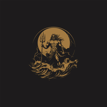 Ancient Greek God Poseidon holding trident standing on ocean waves engraving style illustration