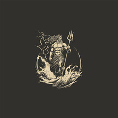 Ancient Greek God Poseidon holding trident standing on ocean waves engraving style illustration © Seraphyn