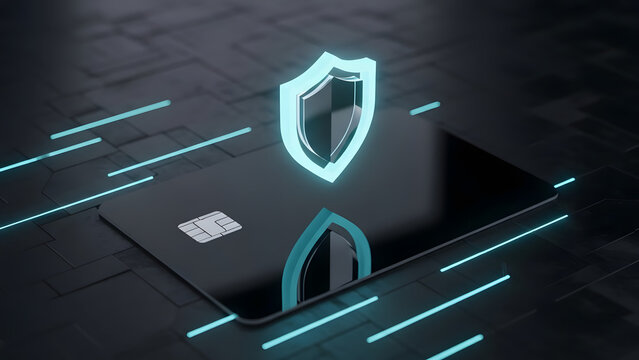 Credit card with glowing shield icon above chip, representing ecommerce fraud prevention and payment security safeguard.