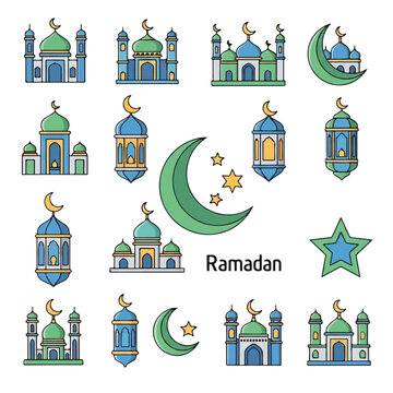 Ramadan Islamic Mosque Crescent Moon Star Symbols.