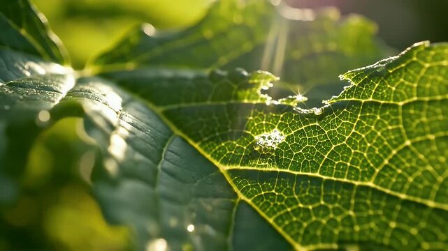 Close up of a green leaf with intricate veins and textures.