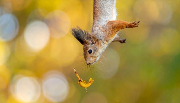 Squirrels Playful Dive - A Delightful Autumnal Moment with a Falling Leaf.