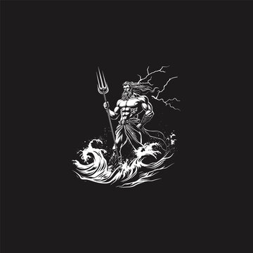 Ancient Greek God Poseidon holding trident standing on ocean waves engraving style illustration