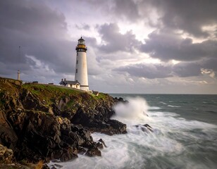 Obraz premium Stormy Seas Crash Against Rocky Coastline with Lighthouse