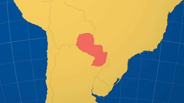 Paraguay on Globe. Animated zoom into the country in Ocean Blue Golden Yellow color palette. Paraguay logo animation. Map with meridians, parallels. Authentic video.