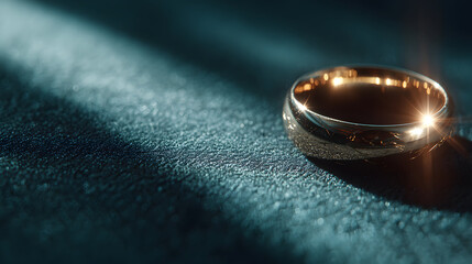 Golden wedding ring casting a shadow on a blue surface.