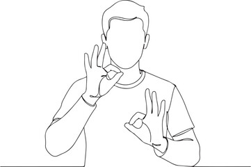 One continuous line art drawing of a man making double OK gestures, symbolizing approval, agreement, or excellence. A minimalist vector illustration of hands showing 'all right' or 'perfect' signs.