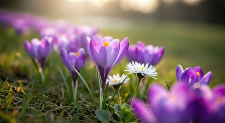 Vibrant purple crocus flowers blooming in a lush green meadow, surrounded by delicate white daisies, capturing the essence of spring renewal and nature's beauty in full bloom