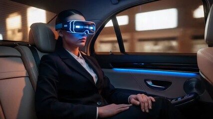 Woman in Business Suit Wearing VR Headset Inside Luxury Car - Powered by Adobe