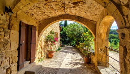 Obraz premium Stone Archway Leading to a Picturesque Pathway with Lush Greenery and Sunlight.