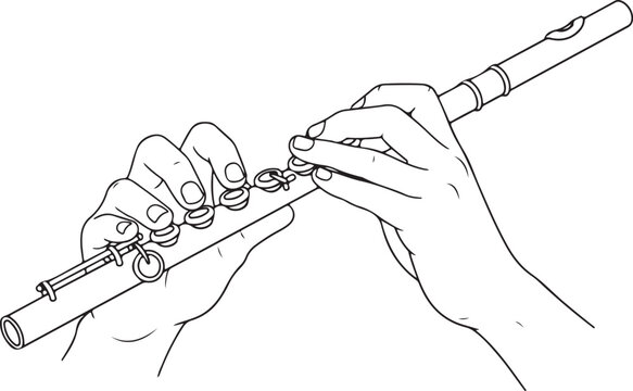 Line Art Illustration of Hands Playing a Flute, detailed outline drawing depicting a musician's practice or performance with the woodwind instrument.