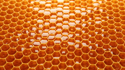 Symmetrical background of hexagonal bee cells containing organic sweet syrup
