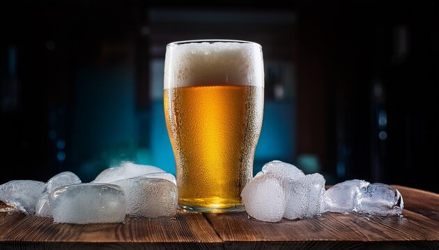 Cerveza En Taberna Bien Fria Con Hielo En Mesa De Madera Con Baso Frio Y Espuma
