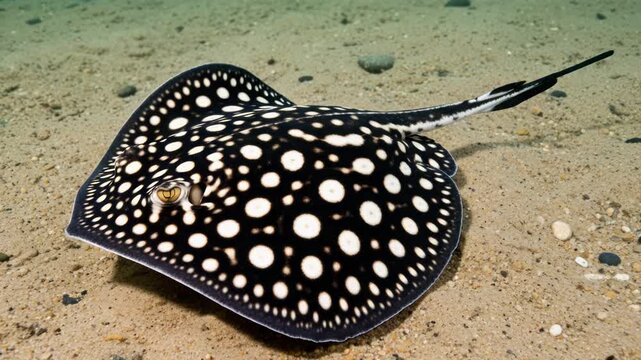 Black and White Spotted Stingray Swimming Over Sandy Seabed