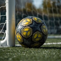 Soccer ball near goal post