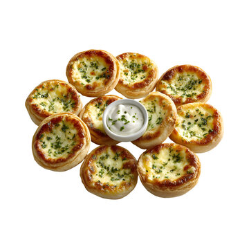 Delicious Mini Quiches with Cheese and Herbs Served with a Creamy Dip