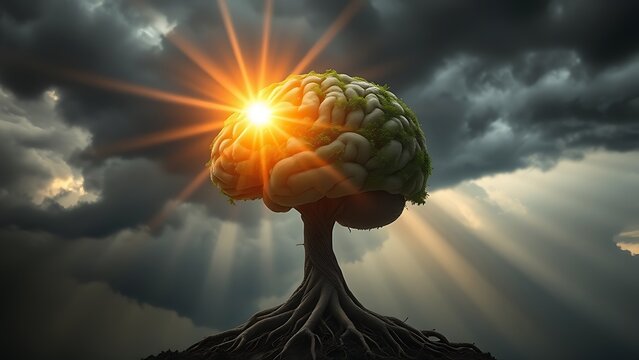 A luminous sunbeam breaks through storm clouds to illuminate a human brain model made of intricate, healthy tree roots.