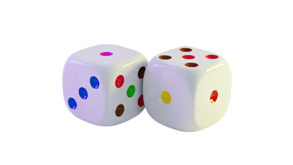 Two white dice with colored dots on a white background