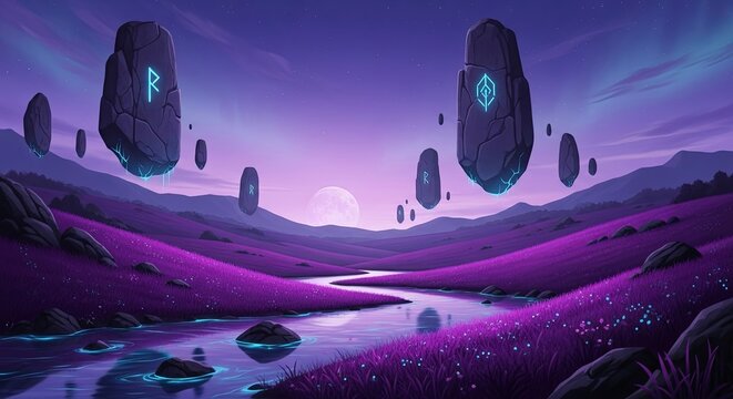 Mystical Purple Landscape with Floating Rune Stones and Serene River at Twilight.