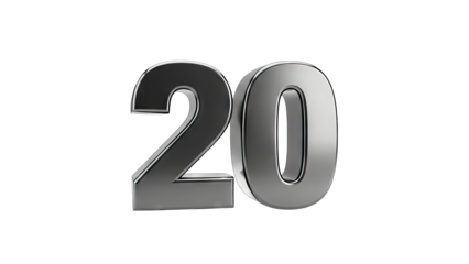 3D Metallic Number 20 isolated on transparent background