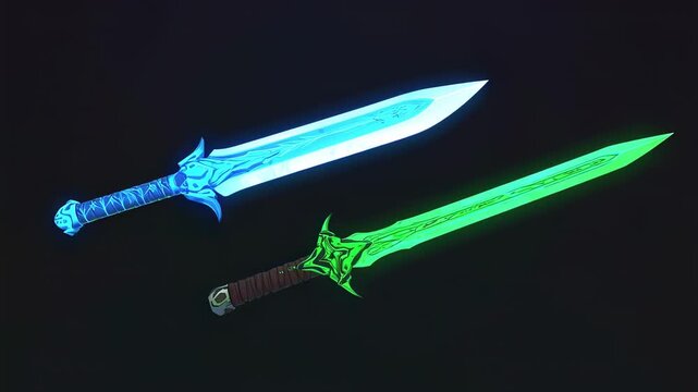Two glowing swords, vibrant blue and green, on a black background
