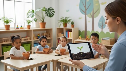 Fototapeta premium Learning of kids, a teacher mother is giving knowledge to a toddler,