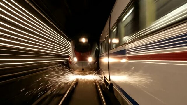 Fast moving train at night with light trails and sparks.