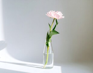 Single Pink Tulip in Clear Glass Bottle on Neutral Surface