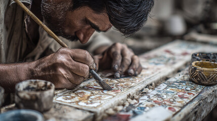 A craftsman meticulously paints an intricate design, showcasing the dedication to his artistry. He is focused, creating a vibrant work of art