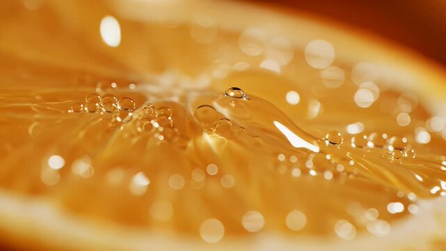 Close up of a juicy orange slice with water droplets.