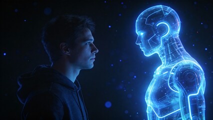 Man facing glowing humanoid robot