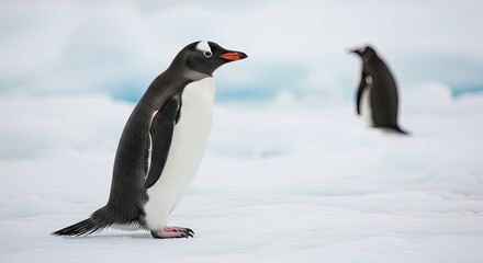 Obraz premium Two penguins standing on ice with one looking at the other.