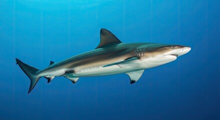 Obraz premium A shark swimming in the ocean with a blue background.